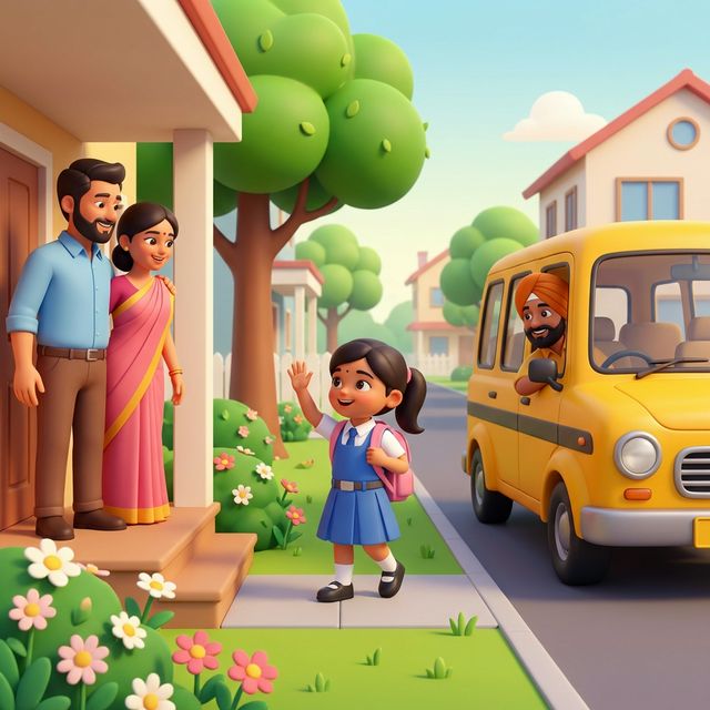 Happy student going to school in safe cab